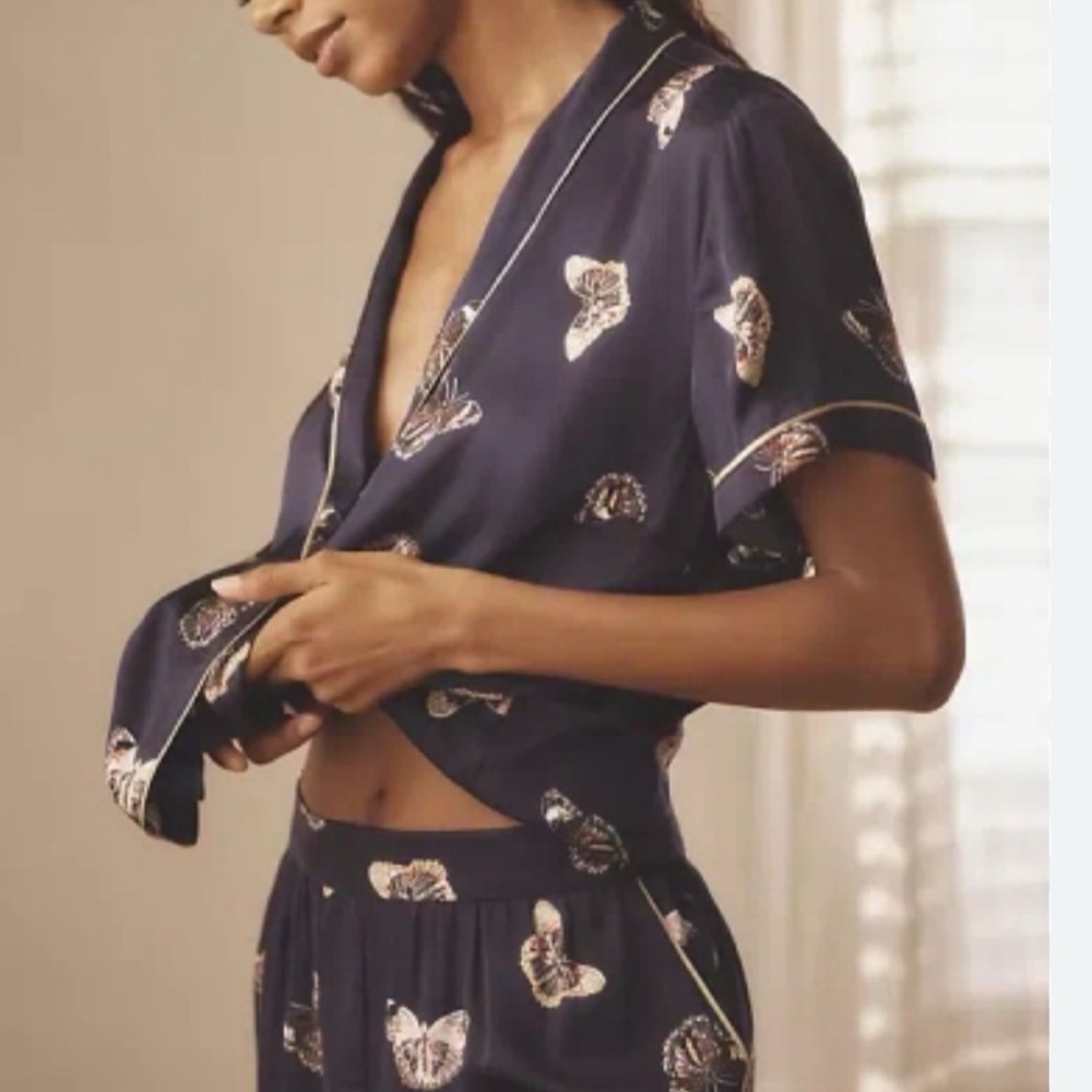 Anthropologie The LyreBird Silky Pajamas Set Butterfly Print S top and M bottom